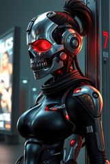 Futuristic female cyborg with skeletal mask in neon city alley