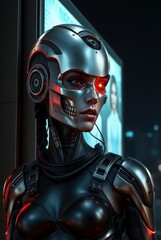 Cybernetic assassin with skull mask standing by neon typography