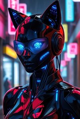 Futuristic cyborg woman in cat ear helmet profile