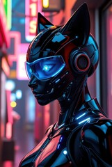 Glossy armored android with feline helmet under teal lights