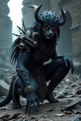 Demonic huntress in spiked leather crouch inside abandoned crypt