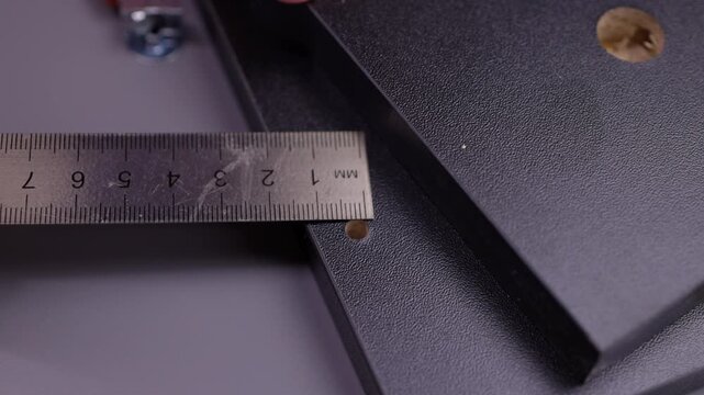 Close-up of male hands measuring distances on black wooden board with metal ruler, ensuring accurate assembly for furniture construction, woodworking precision and diy projects, slow motion.