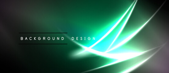 Naklejka premium Dark green background features bright neon lines. Abstract design evokes energy, movement, modern aesthetic. Simple text labels bottom center.