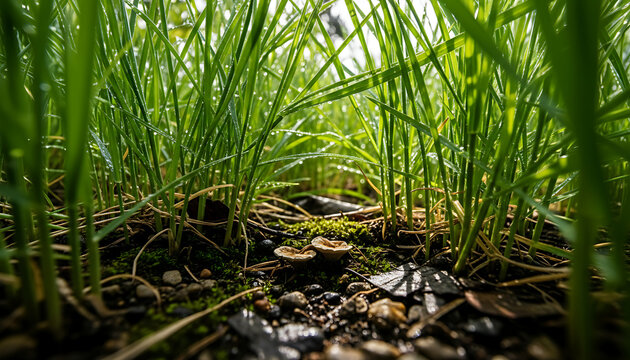 Low-angle view of fresh green grass with morning dew drops and tiny mushrooms on the forest floor.