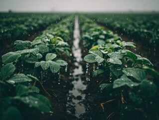 Young soybean plants developing in orderly farm field rows under natural sunlight