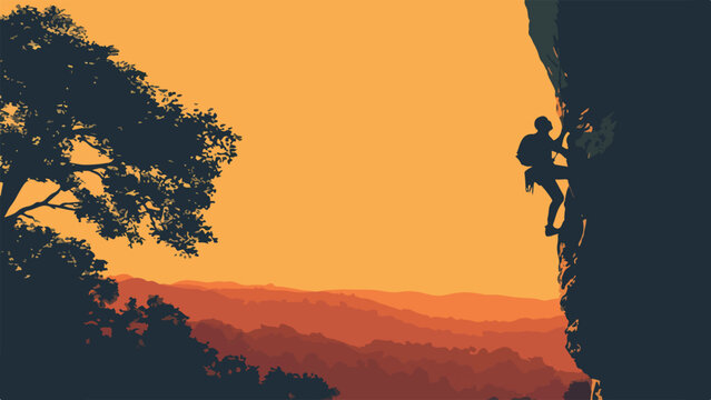 Silhouette of a rock climber ascending a sheer cliff face against a vibrant orange sky