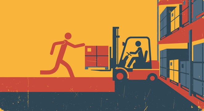 Forklift and worker with cargo in a vintage warehouse scene
