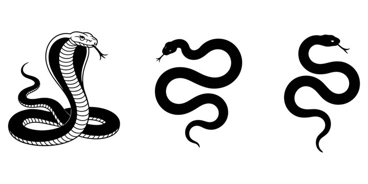cobra snake silhouette vector art illustration in black, featuring a snake icon, snake vector silhouette, and curved snake animal design for logos.