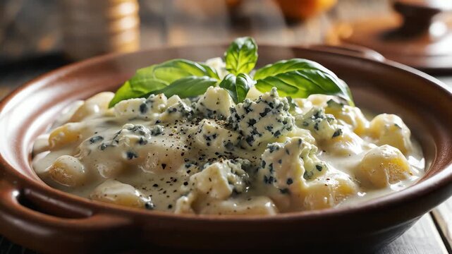 Close up of a rustic dish with creamy sauce and garnishes