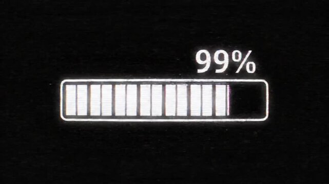 Glitchy Digital Loading Progress Bar Stuck at 99 Percent Loop Abstract Background Motion Graphic Display Screen with Retro VHS Static Noise
