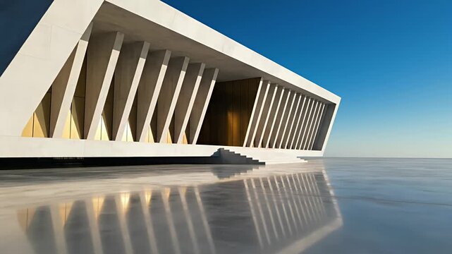 Modern minimalist building facade with angular design and reflection