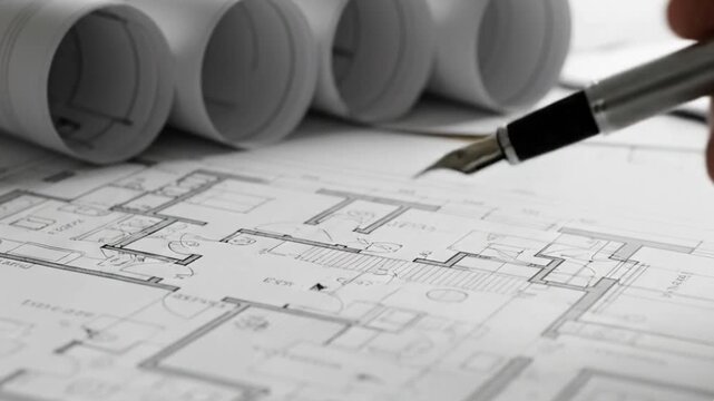Architect&rsquo;s Drafting Table with Blueprints and Fountain Pen &ndash; Professional Design and Architecture Concept, rolls of architectural drawings and tools