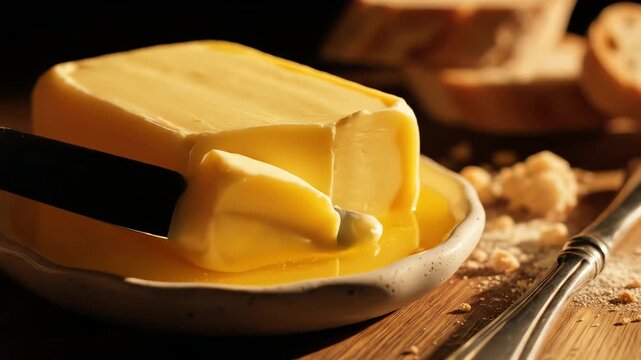 Close up of butter on a plate with bread and a knife food photography
