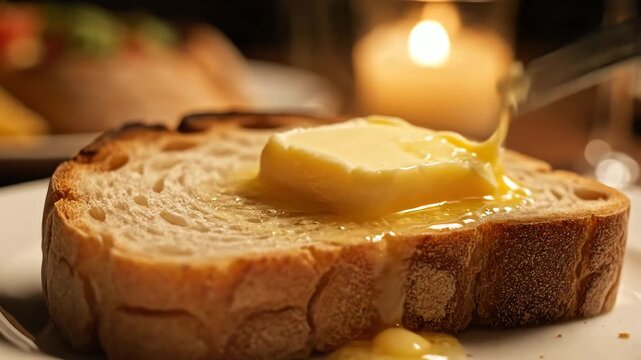 Close up of butter melting on bread slice with fork