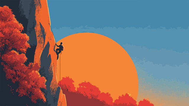 Climber ascends rocky cliff face against a vibrant sunset and sky