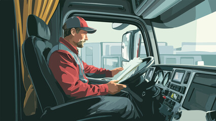 A truck driver in a red shirt and hat reviews a document while sitting in the cab