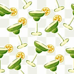 Cotton fabric Refreshing Margarita Cocktail with Lime Slices Seamless Pattern Hand Drawn Textured Illustration for Summer Party and Bar Kitchen Decor
