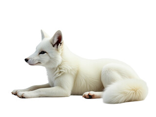 A white dog relaxes on a white surface