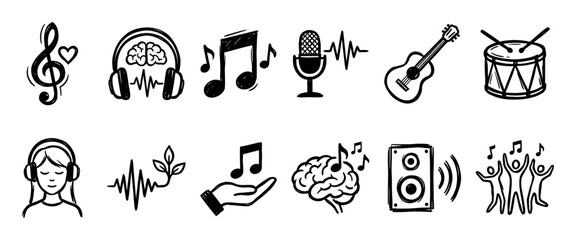 Obraz premium Set of hand-drawn music and sound icons in a sketchy doodle style, including headphones, guitar, microphone, and musical notes for various audio and creative concepts