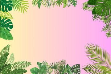 Tropical Leaves Frame on Pink Gradient Background, Summer Pastel Border with Monstera Foliage, Exotic Jungle Copy Space, Soft Holiday Template
