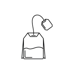 Simple line art illustration of a tea bag with string and tag for hot drink