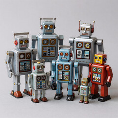 art nouveau, playful depiction of vintage robot figurines