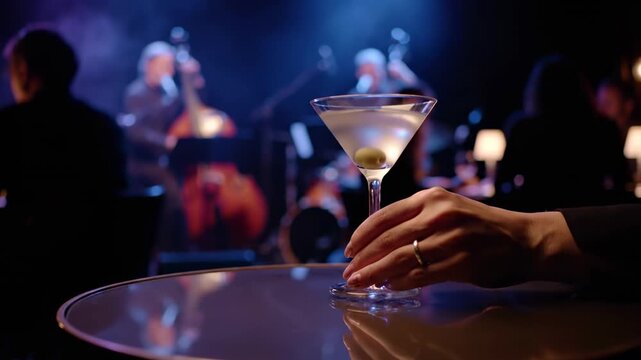 Hand Reaching for a Classic Martini Cocktail at an Elegant Live Jazz Music Performance in a Stylish Bar.
