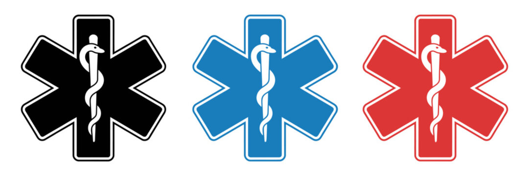 star medicine set icons with snake, featuring the star of life healthcare symbol, emergency medical vector design, and hospital pharmacy branding.