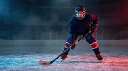 Male hockey player in blue jersey and helmet crouches on ice rink, holding stick, with dramatic lighting and blurred background of empty stands