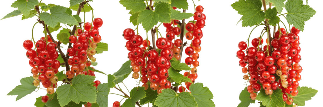 Set of 3 Isolated Redcurrant Fruit Clusters with Ripe Bright Red Berries and Green Leaves PNG