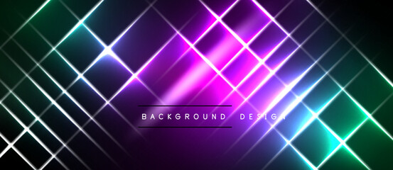 Vibrant neon grid pattern. Diagonal lines create dynamic visual effect. Dark background emphasizes bright colors, purple dominates center.