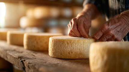 Hands Dipping Small Cheese Wheel into Warm Amber Wax

