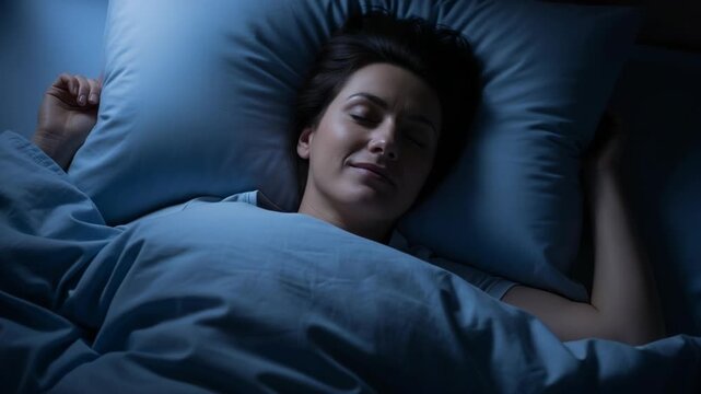 Serene woman deeply asleep in her bed under dim blue lighting