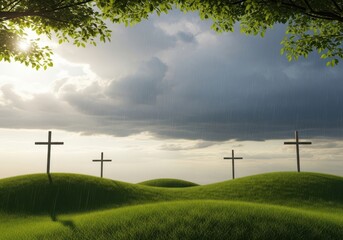 Obraz premium Easter Crosses on Grassy Hills Under Cloudy Sky - Christian Faith Concept