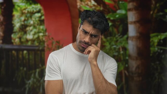 Man in white t shirt with hand on chin against green foliage in forest; inner reflection curiosity.