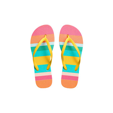 Colorful Striped Flip Flops on White Background, Summer Beach Footwear