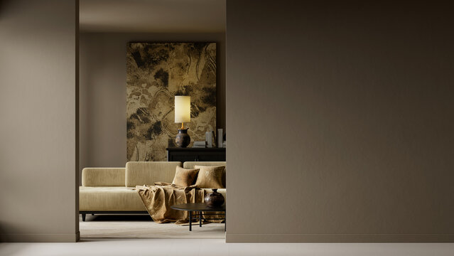 Dark moody luxury living room interior with negative space, warm lighting and elegant sofa in a cinematic modern home. 3D illustration