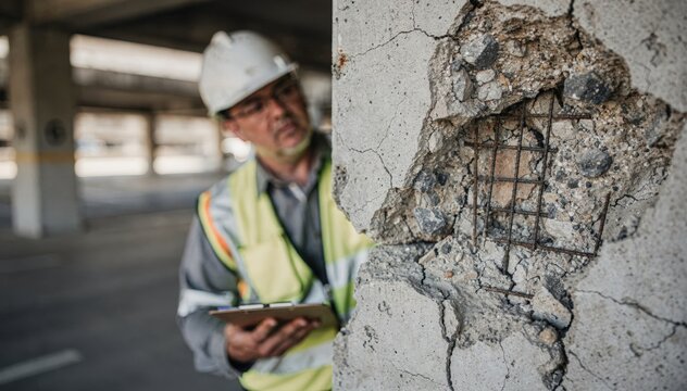 Closeup medium view of an engineer examining spalling on a parking garage slab clipboard visible with daylight softly illuminating the focused cracks.
