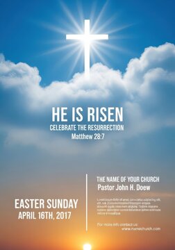 Easter Sunday Celebration He Is Risen Cross in Sky, Resurrection, Church Flyer