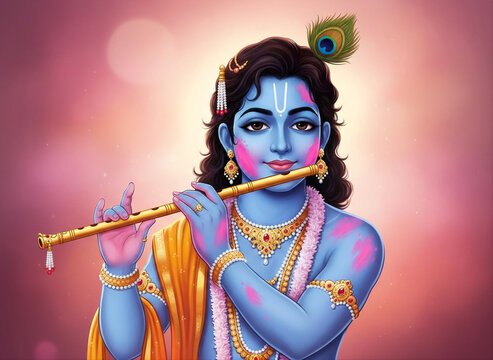 Hindu deities Lord Krishna is playing the flute, Holi festival celebration.
