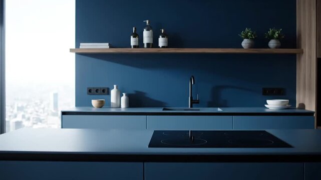 Modern blue kitchen island.