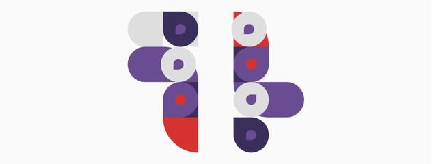 Abstract design features stacked circles, red, purple, white hues. Minimalist composition, geometric shapes present simple visual pattern.