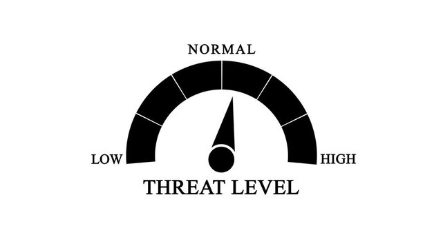 Threat level gauge icon with low, normal, and high zones. Security alert speedometer symbol isolated on white background.