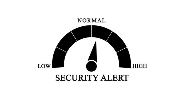 Threat level assessment gauge icon. Security alert speedometer symbol with low, normal, and high levels isolated on white background.