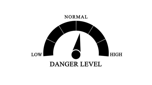 Danger level indicator gauge icon. Safety warning meter with low, normal, and high danger zones isolated on white.
