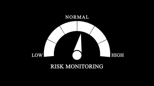 Risk monitoring indicator gauge icon on black background. Professional assessment meter for compliance and risk management systems.
