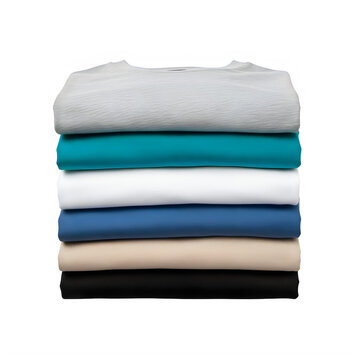 A stack of folded t shirts in different colors isolated on transparent background
