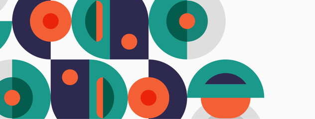 Obraz premium Abstract geometric pattern. Shapes overlap, creating colorful design. Teal, orange, purple dominate composition. Modern aesthetic.