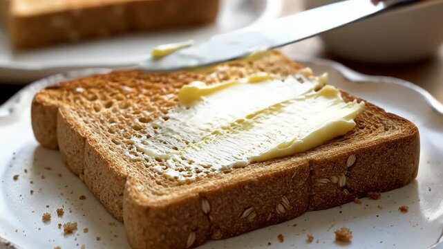 Close up of buttered toast on a plate with knife warm light