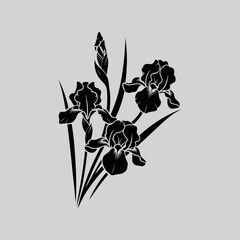 Elegant black silhouette of three iris flowers and slender leaves on a neutral background